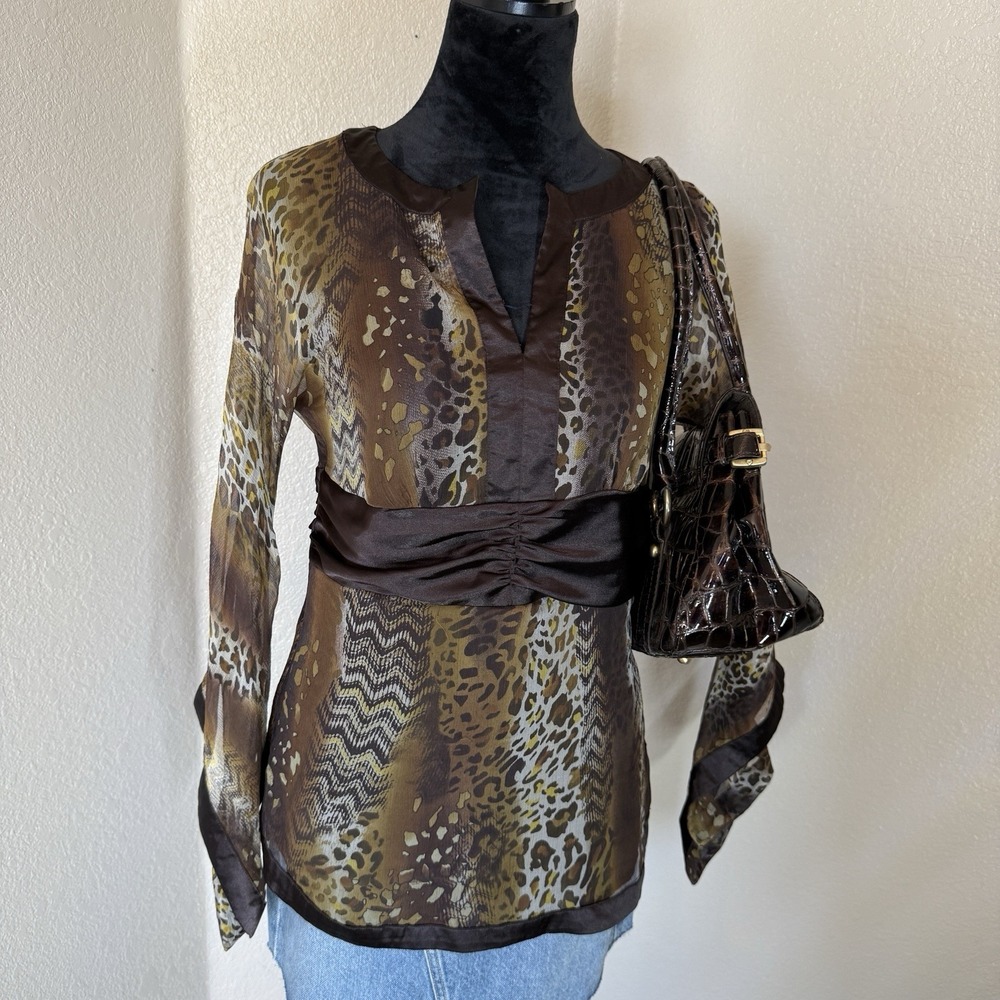 Y2K 100% Silk St. Tropez West Animal Print Bell Sleeve Blouse Brown Cheetah M